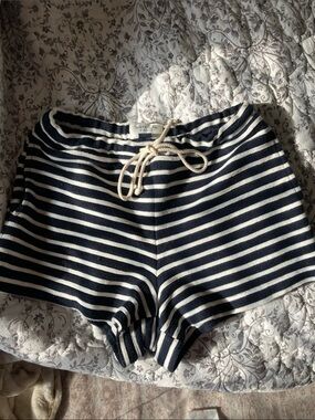 American Eagle Black and Cream Striped Knit Hoodie with Drawstring